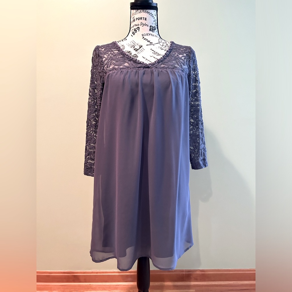 As U Wish size S gray pullover smock style dress. Lace see through arms and top